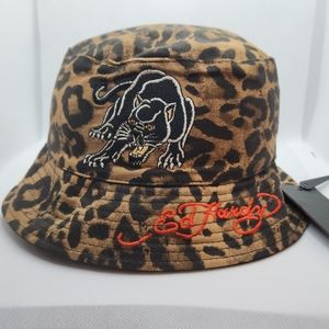 Ed Hardy Panther Leopard Print Reversible Black Bucket Hat, One Size Y2K